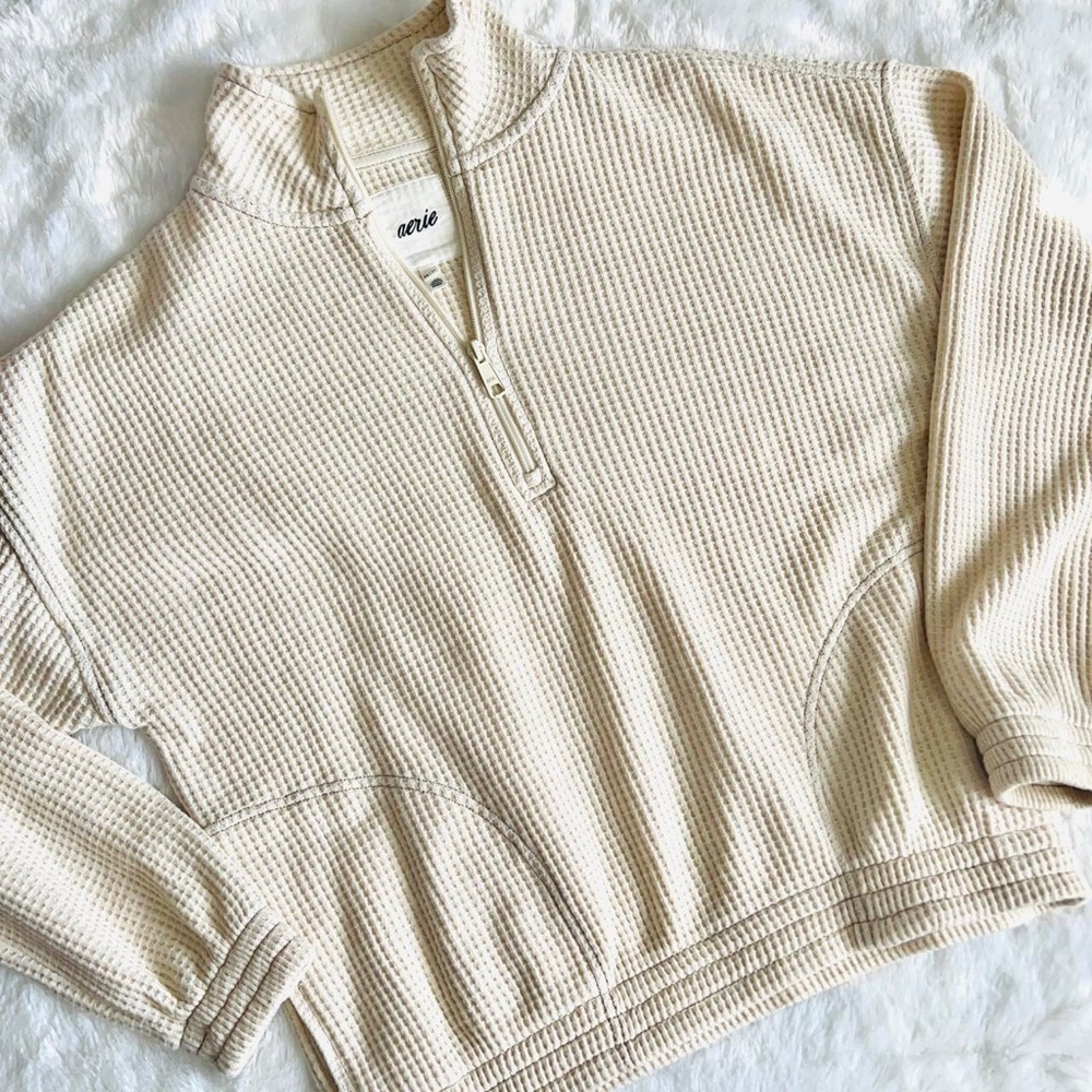 aerie Cream Waffle-Knit Quarter-Zip Pullover